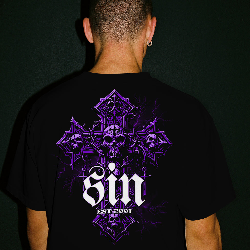 SIN Oversized Graphic T-Shirt – Gothic Skull Cross Edition