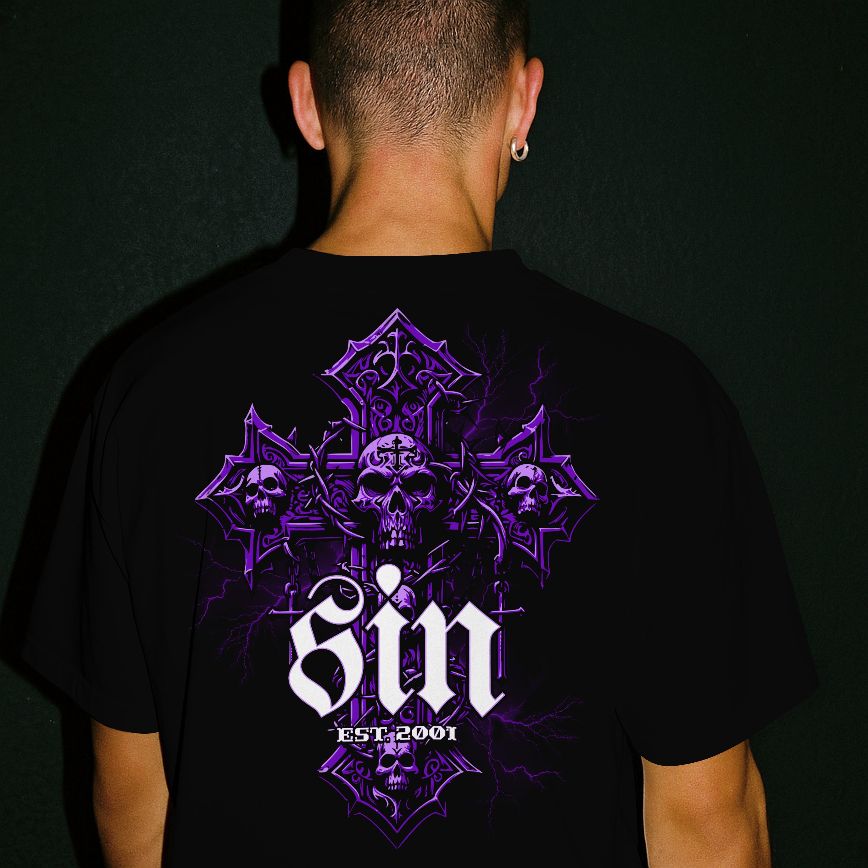 SIN Oversized Graphic T-Shirt – Gothic Skull Cross Edition