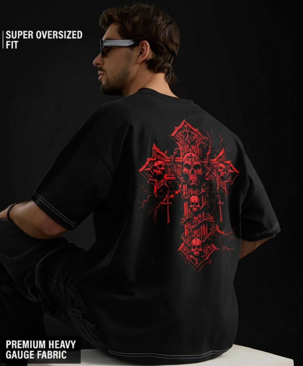 SIN Oversized Graphic T-Shirt – Gothic Skull Cross Edition