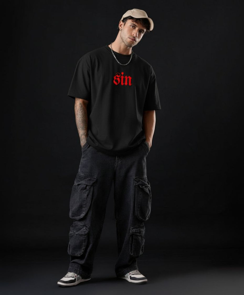 SIN Oversized Graphic T-Shirt – Gothic Skull Cross Edition